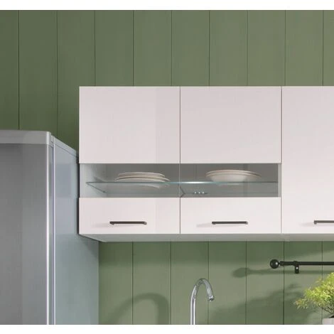 800 Glass Kitchen Cabinet Unit Wall Display Cupboard 80cm With LED Lights White Low Gloss Junona