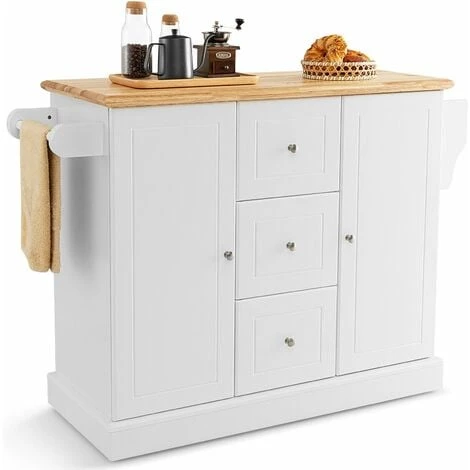 Kitchen Island Storage Trolley Rolling Cart Cupboard 3 Deep Drawers 2 Doors