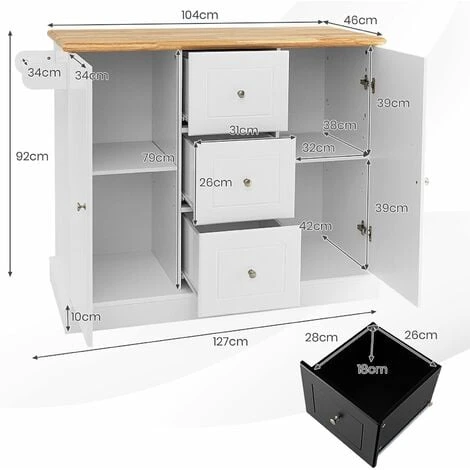 Kitchen Island Storage Trolley Rolling Cart Cupboard 3 Deep Drawers 2 Doors - Image 2
