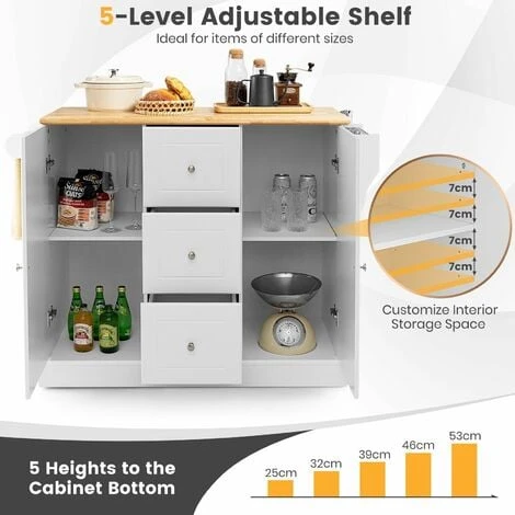 Kitchen Island Storage Trolley Rolling Cart Cupboard 3 Deep Drawers 2 Doors - Image 3