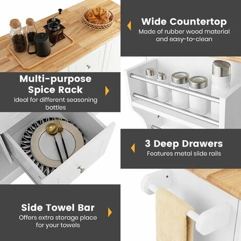 Kitchen Island Storage Trolley Rolling Cart Cupboard 3 Deep Drawers 2 Doors - Image 5