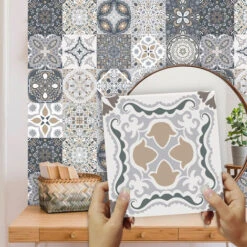 24 Pieces Self-Adhesive Wall Tile Stickers Moroccan Waterproof Stickers DIY Kitchen Bathroom Decoration (24 Pieces, 10×10cm)