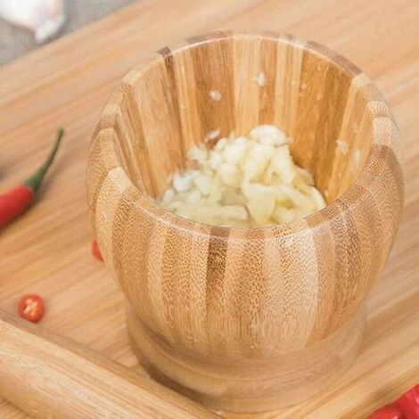 Natural Bamboo Mortar And Pestle, Manual Garlic Press, Ginger Crusher, Spice Grinder Set, Garlic Crusher, Spice Crusher, Chopper - Image 2