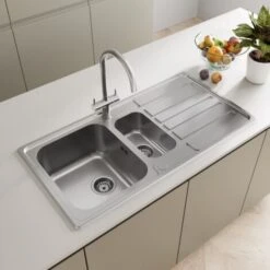 Modern Stainless Steel 1.5 Bowl Reversible Drainer Kitchen Sink Basket Wastes