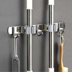 Wall Mounted Broom Holder - Stainless Steel Broom Holder, Storage Hanger Holder For Kitchen, Garage, Laundry Room (2 Slots And 3 Hooks)