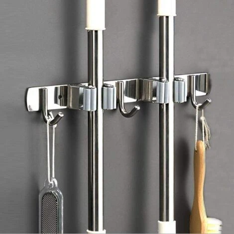Wall Mounted Broom Holder - Stainless Steel Broom Holder, Storage Hanger Holder For Kitchen, Garage, Laundry Room (2 Slots And 3 Hooks)