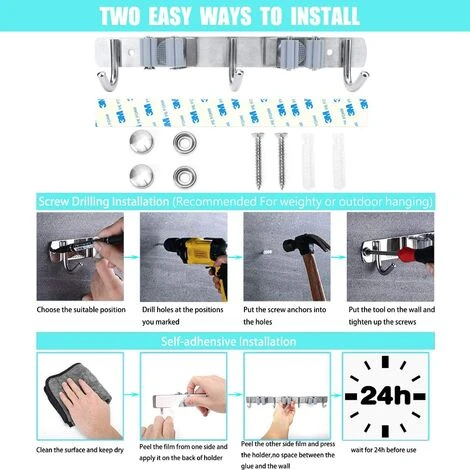 Wall Mounted Broom Holder - Stainless Steel Broom Holder, Storage Hanger Holder For Kitchen, Garage, Laundry Room (2 Slots And 3 Hooks) - Image 3