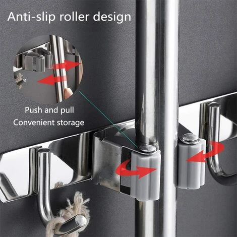 Wall Mounted Broom Holder - Stainless Steel Broom Holder, Storage Hanger Holder For Kitchen, Garage, Laundry Room (2 Slots And 3 Hooks) - Image 4
