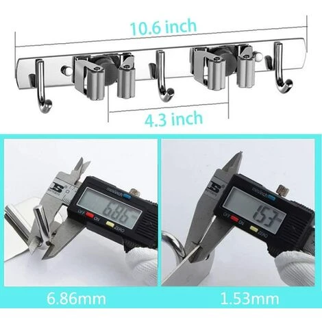 Wall Mounted Broom Holder - Stainless Steel Broom Holder, Storage Hanger Holder For Kitchen, Garage, Laundry Room (2 Slots And 3 Hooks) - Image 5