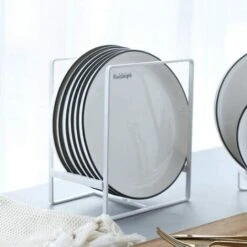 Plate Rack Organizer,2 Piece 1214cm Plate Holders Vertical Metal Dish Storage Organizer Dying Rack For Kitchen Counter Cabinet Cupboard Camper (White)