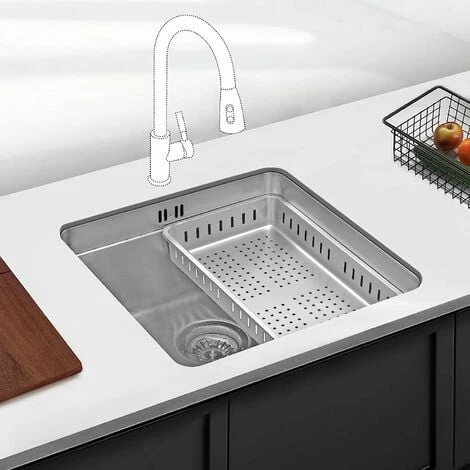 JASSFERRY Undermount Kitchen Sink Single Deep Bowl With Stainless Steel Dish Drainer Rack With Strainer Waste, 440 X 440 Mm