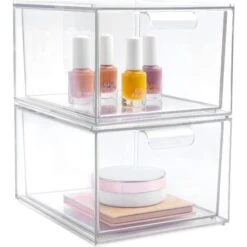 Set Of 2 Stackable Makeup Organizer Storage Drawers, Clear Plastic Storage Bins For Vanity, Under Sink, Kitchen Cabinets, Pantry, Home Organization And Storage.
