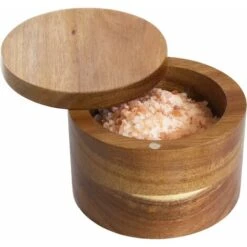 Acacia Wood Salt Storage Tank With Magnetic Rotating Lid, 6oz Capacity