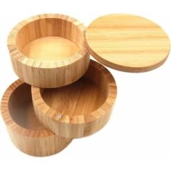 Bamboo Salt Box Round Bamboo Salt Box Salt And Spice Storage Container Spice Container Three-layer Bamboo And Wood Container, Separate Spice Rack