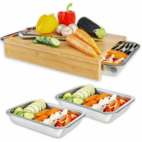 Cutting Board, Solid Bamboo Cutting Board With Drip Trays 41 X 30 X 5 Cm, Ideal Kitchen Helper Gadget Set For The Kitchen Bamboo Kitchen Board With 2 Stainless Steel Bamboo Bowls - Image 5