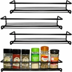 Black Wall Mounted Spice Rack (Set Of 4) - Spice And Herb Holders For Kitchen Walls And Single Tier Cabinets - Wall Mounted Kitchen Spice Rack