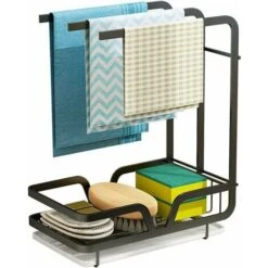 Sink Organizer - Wall Mounted Dish Rack For Towels, Sponges, Brush With Drip Tray For Kitchen And Bathroom (Black)