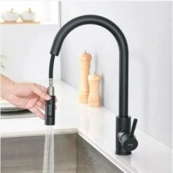 One Piece Kitchen Faucet With Pull Out Spray Matte 360° Swivel Stainless Steel Kitchen Sink Faucet 2 Functions Kitchen Faucet (Black)