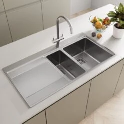 Kitchen Sink 1.5 Bowl LH Drainer Stainless Steel Modern Inset Strainer Waste