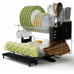 2-Tier Rust Resistant Dish Drying Rack Detachable Dish Drainer Rack