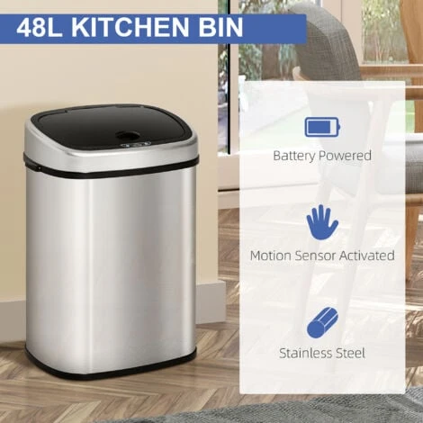 HOMCOM Sensor Dustbin Touchless Trash Can Automatic Garbage Bin Stainless Steel 48L - Image 4