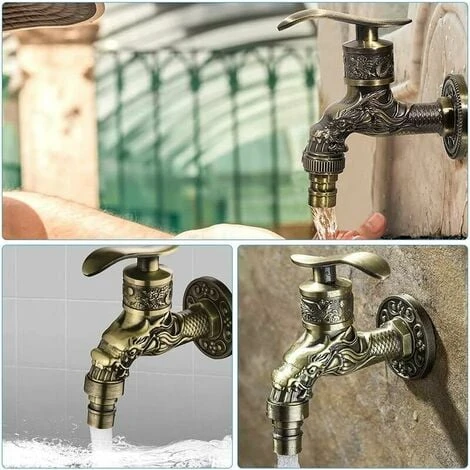 Retro Brass Wall Mounted Faucet, G1/2 Outdoor Garden Faucet, Antique Brass Faucet, Vintage Wall Mounted Faucet, Antique Copper Carved Dragon Faucet For Kitchen Bath Garden - Image 3