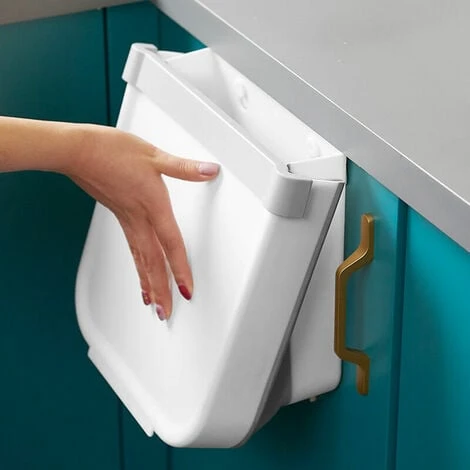 Kitchen Collapsible Hanging Trash Bin, Punch-Free Wall Mounted, Household Cabinet Door Storage Bin (Small White)