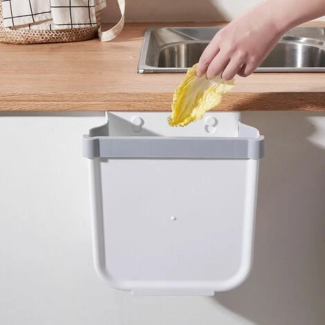 Kitchen Collapsible Hanging Trash Bin, Punch-Free Wall Mounted, Household Cabinet Door Storage Bin (Small White) - Image 2