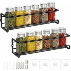 Kitchen Spice Rack, Metal Spice Rack Without Drilling, Kitchen Wall Mounted Spice Rack, Spice Holder For Spice Jars Accessory Kitchen Pantry Cupboard, 29x6x6cm (Black, 2 Pieces)