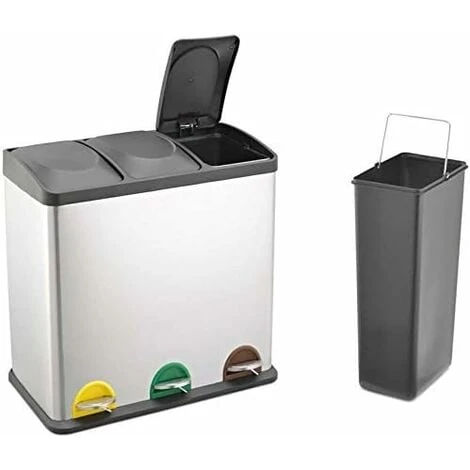 EVRE Recycling Bin With Lids For Kitchen / 45 Litre Capacity / 3 Compartments Waste Separation/Colour Coded (45L (3x15L))
