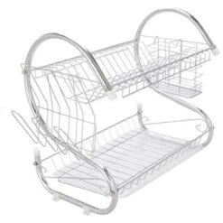 Kitchen Dish Drying Holder, 2 Tier Stainless Steel Bowl Cup Drain Drying Rack With Utensil Knife Holder-Silver